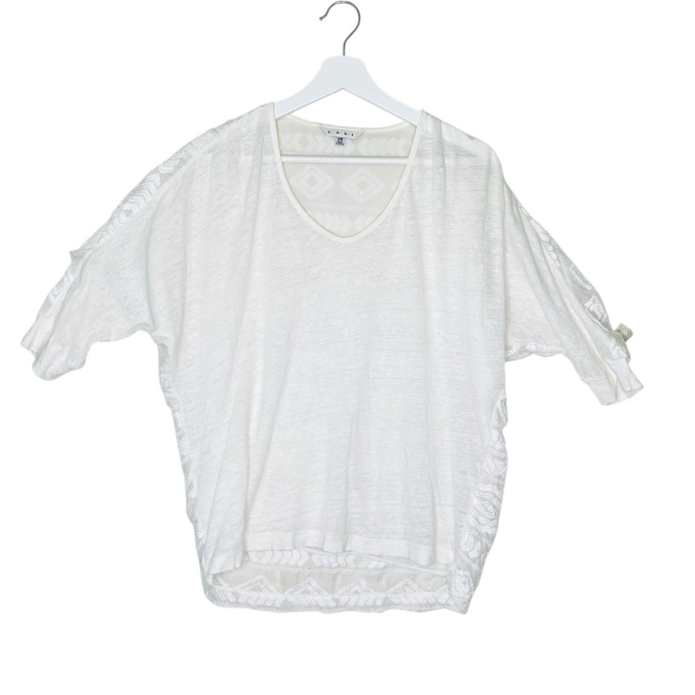 CAbi Top Womens XS Waverly White Lace Back Top #773 Lined Sheer Dolman Sleeve